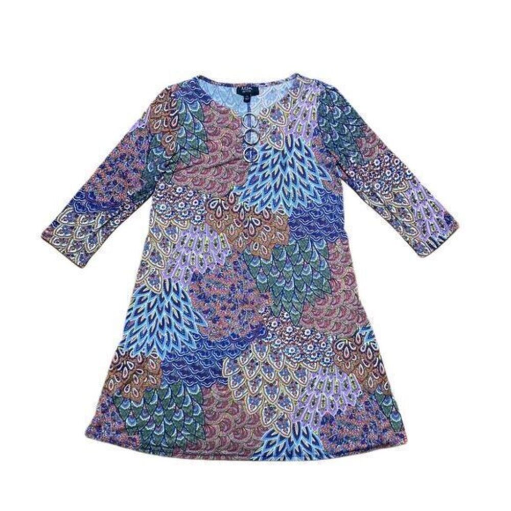 MSK Long Sleeve Mini Shift Dress Women Petite Small Multicolor Ring Detail‎